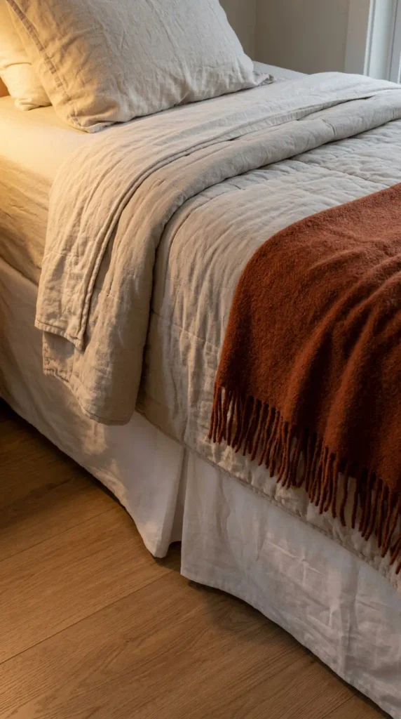 Close-up of grown-up layered bedding on a twin bed with a box-pleat skirt and wool throw