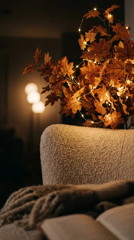 Close-up of warm LED lights in faux maple leaves above a reading chair
