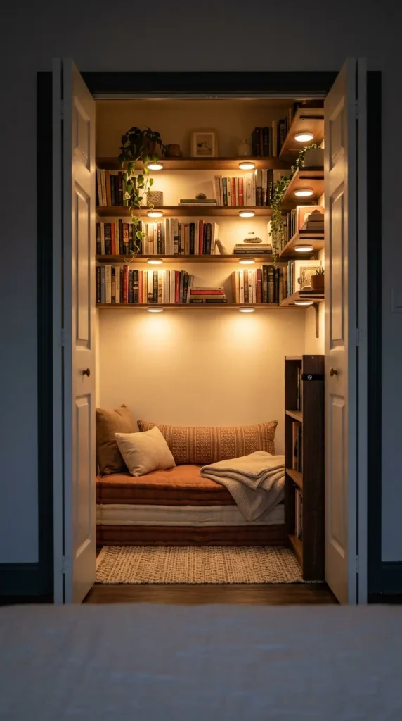 Closet reading nook with floor cushions, shelves, and LED puck lights in a small apartment
