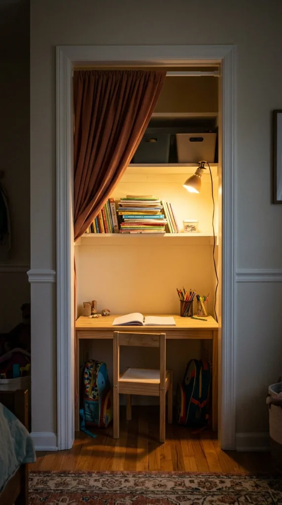 Closet turned into a kids study area with a desk, clamp lamp and tension rod curtain