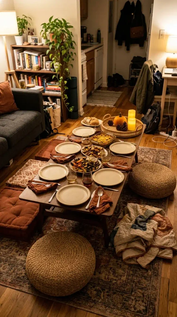 Coffee table set for a floor cushion Friendsgiving, a small Thanksgiving table idea for a studio apartment