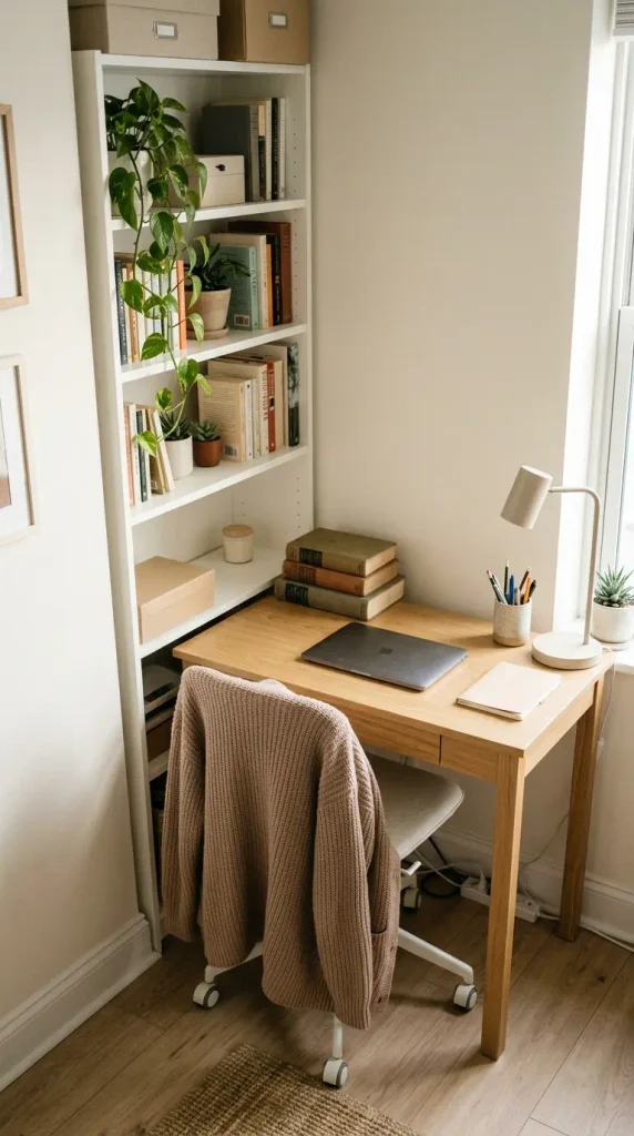 Corner bookshelf with desk space above an oak desk in a small apartment home office