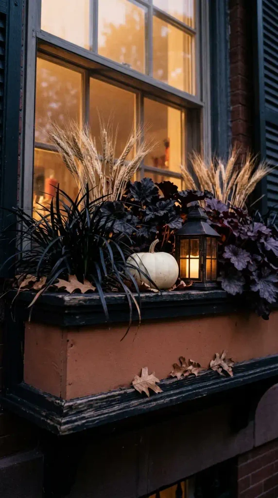 Dark Halloween fall window box with black mondo grass, heuchera, a white pumpkin, and a glowing LED lantern