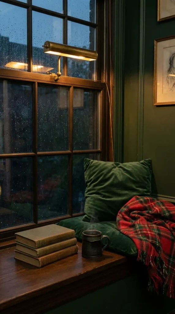 Dark academia window sill reading nook with a green velvet cushion, plaid throw, and picture light on a rainy night