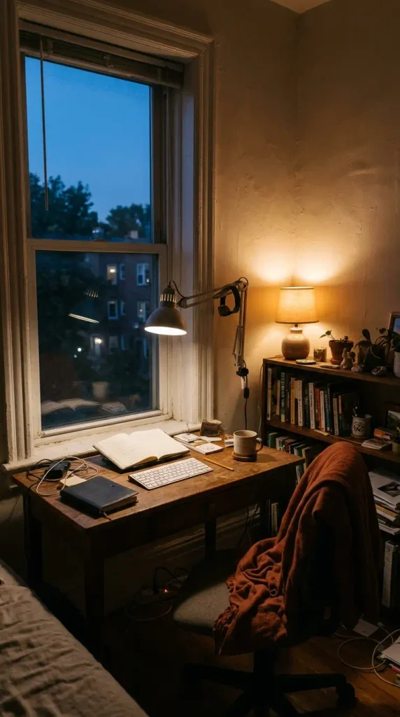 Desk at dusk with a clamp task lamp and an amber table lamp for fall home office decor