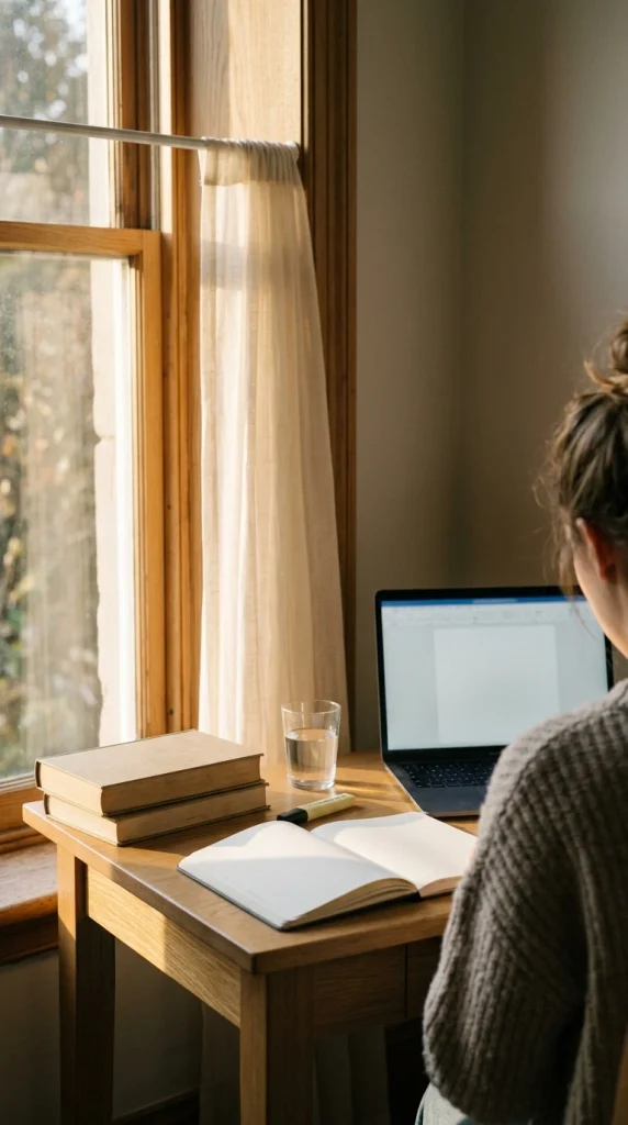 Desk set sideways to a window so daylight hits the notebook without glare on the laptop