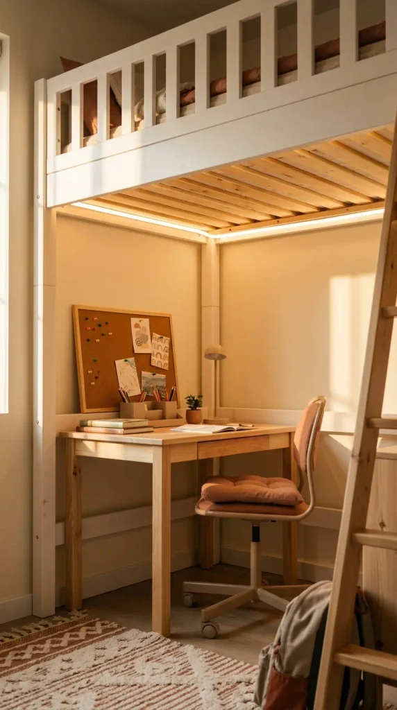 Desk under a loft bed lit by an LED strip in a small kids room