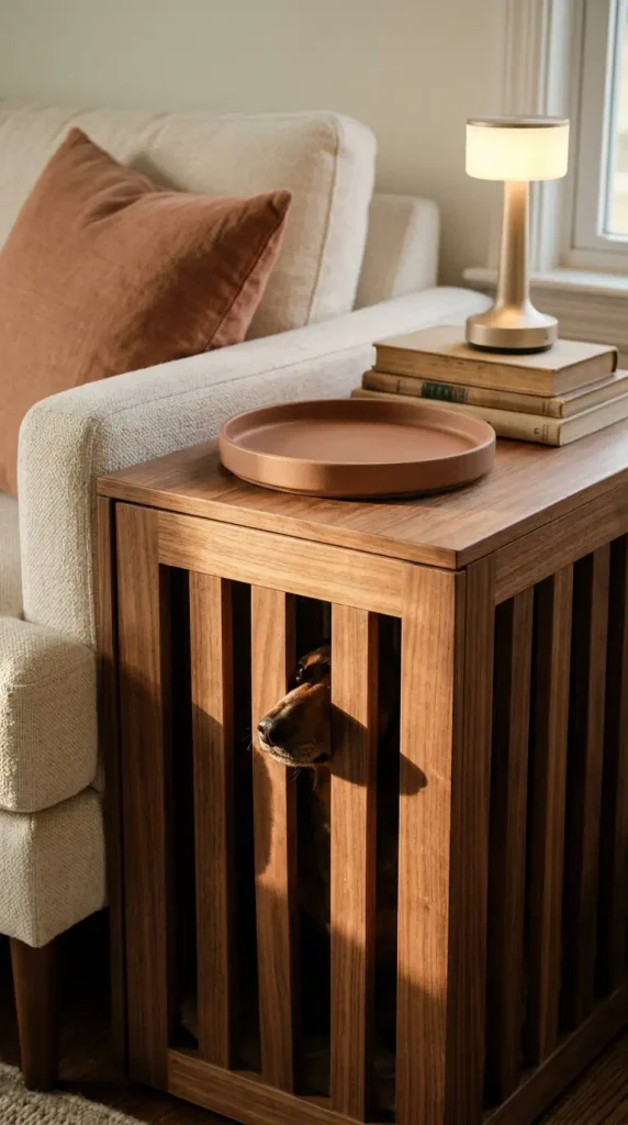 Disguised dog crate used as a side table with a dachshund peeking through the slats at golden hour