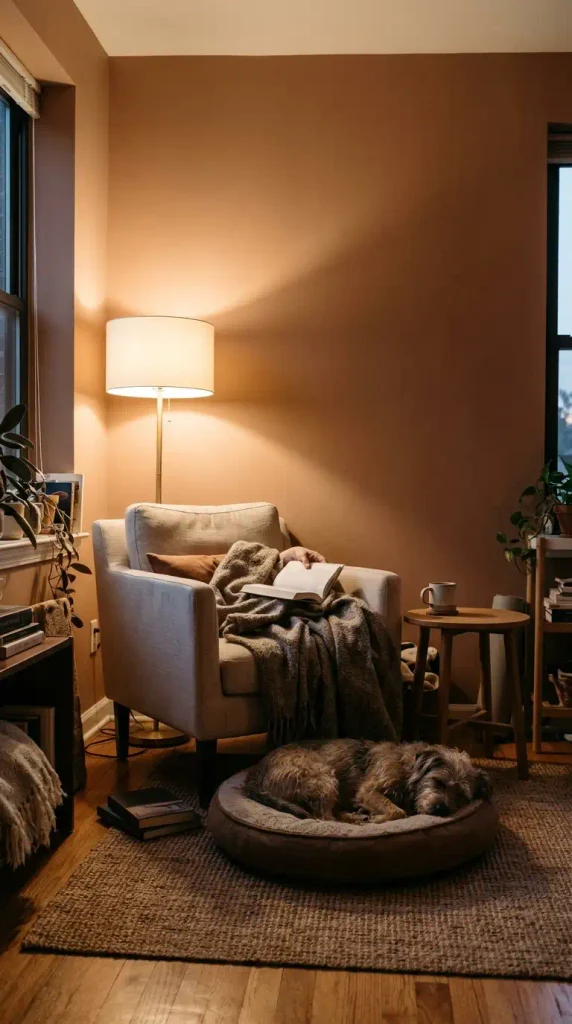 Dog nook at the foot of a reading chair with a terrier asleep on a bolster bed under a warm floor lamp