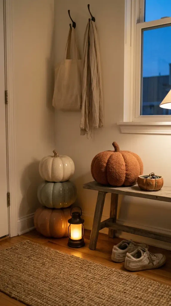 Dollar Tree vintage pumpkin corner with a pumpkin stack, lantern, and pillow in an apartment entry