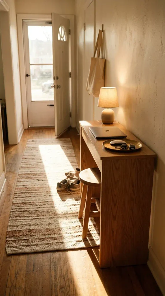Entryway console table used as a small office desk with a stool, wall hook, and warm lamp