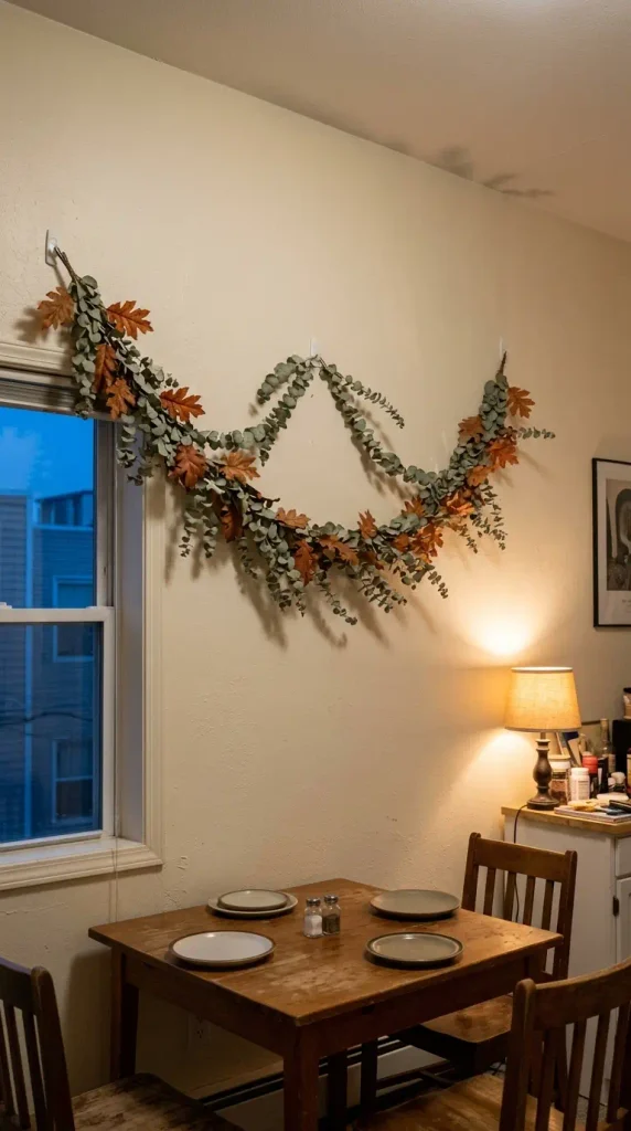 Eucalyptus garland hung on the wall above a small dining table to free table space at Thanksgiving
