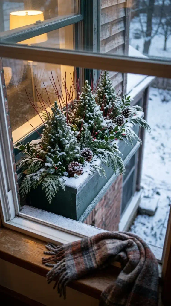 Fall and winter window boxes with cedar boughs, dwarf Alberta spruce, and red-twig dogwood in morning frost