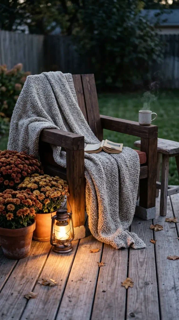 Fall backyard seating with a wool throw, potted mums, and a glowing lantern at dusk
