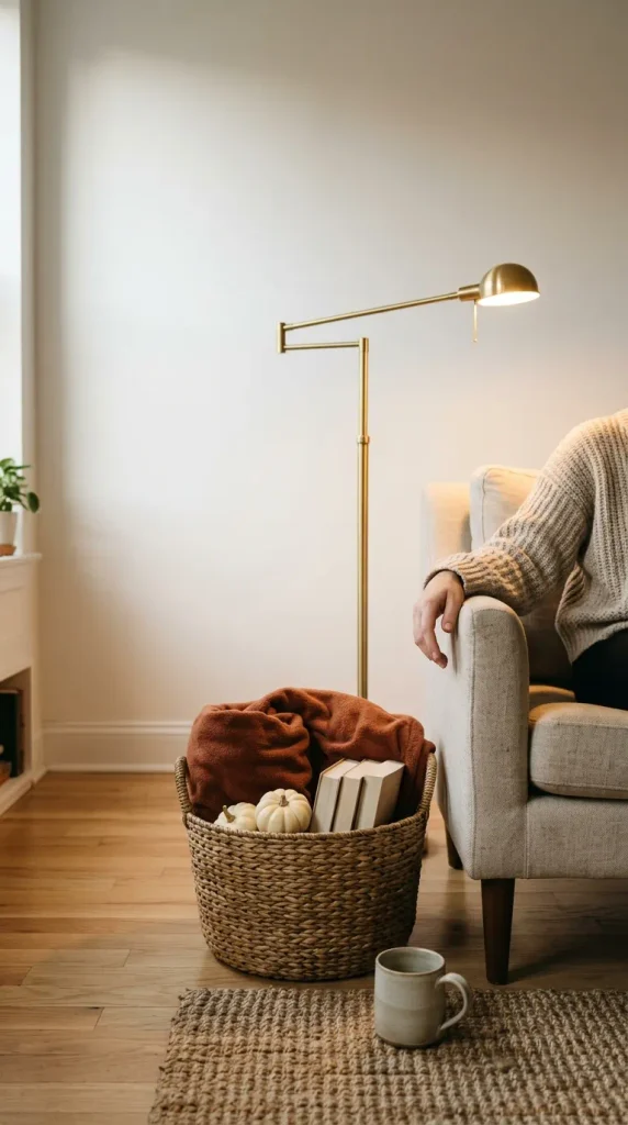 Fall basket with a rolled throw and books beside an armchair in a small apartment reading corner