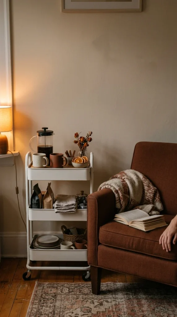 Fall coffee bar on a small rolling cart beside an armchair, lit by a warm lamp at dusk