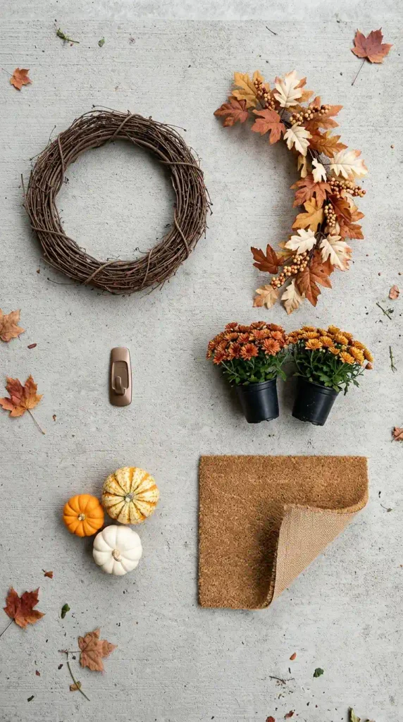 Fall door decor kit flat-lay with grapevine wreath base, swag, hook, mums, pumpkins, and coir mat on a stoop