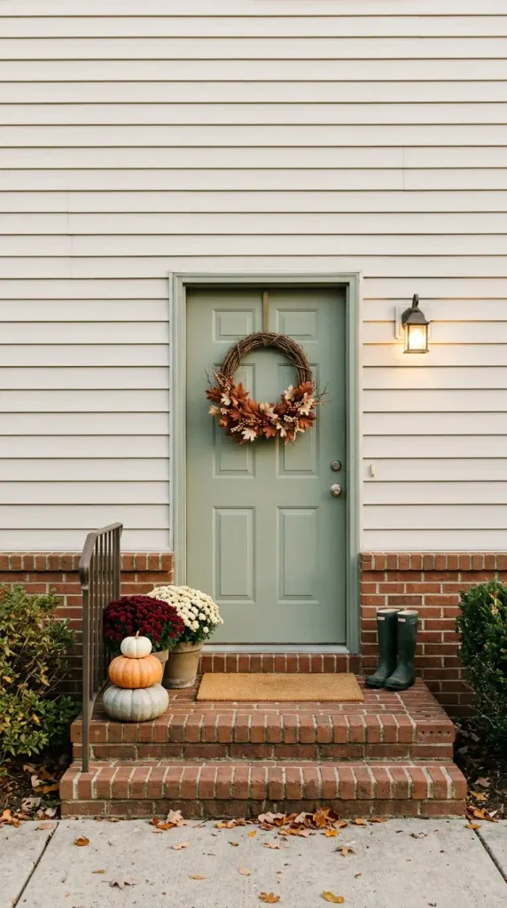 Fall door decor on a budget with a grapevine wreath, two mums, stacked pumpkins, and a coir mat at golden hour
