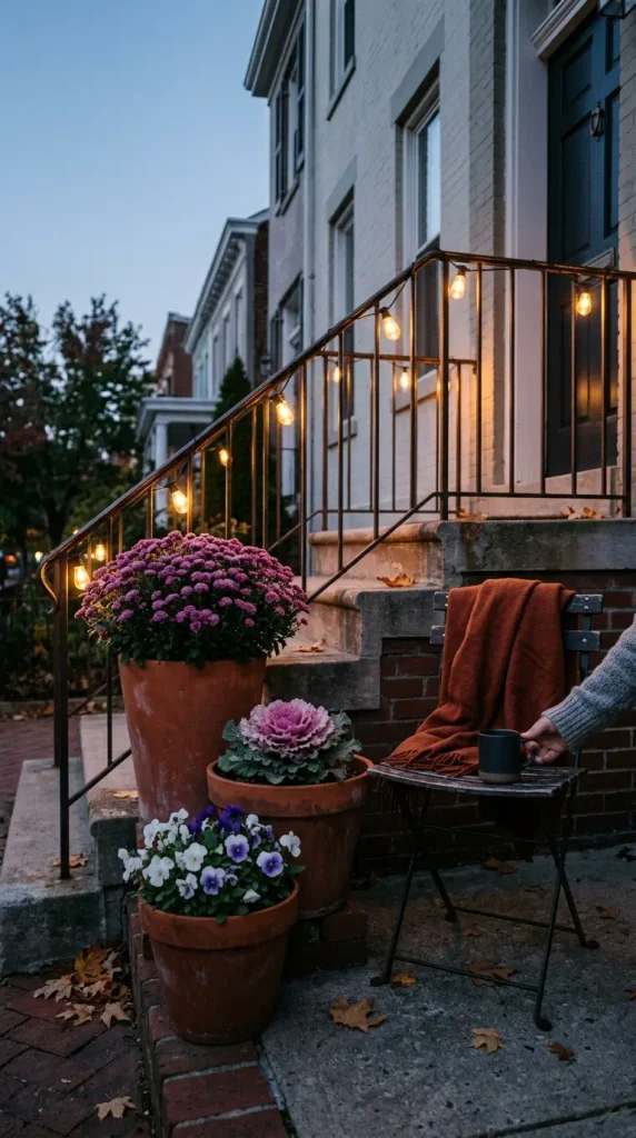 Fall garden on a rented front step with mums, ornamental kale, pansies, and solar string lights at dusk