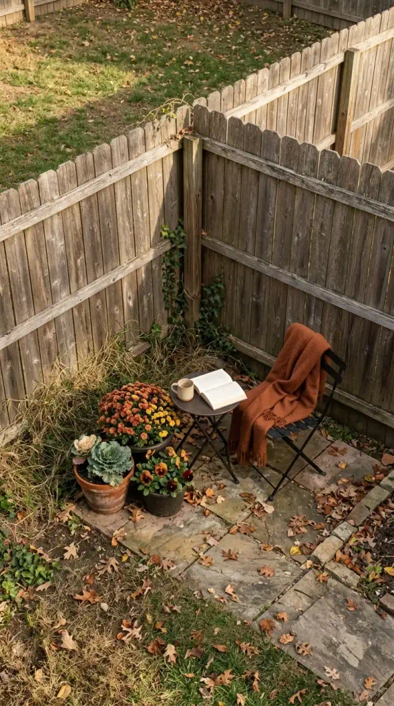 Fall garden reading corner with a bistro chair and wool throw in a fence corner