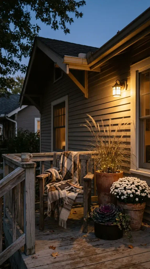 Fall planters with white mums, purple kale and grass glowing at dusk beside a porch armchair