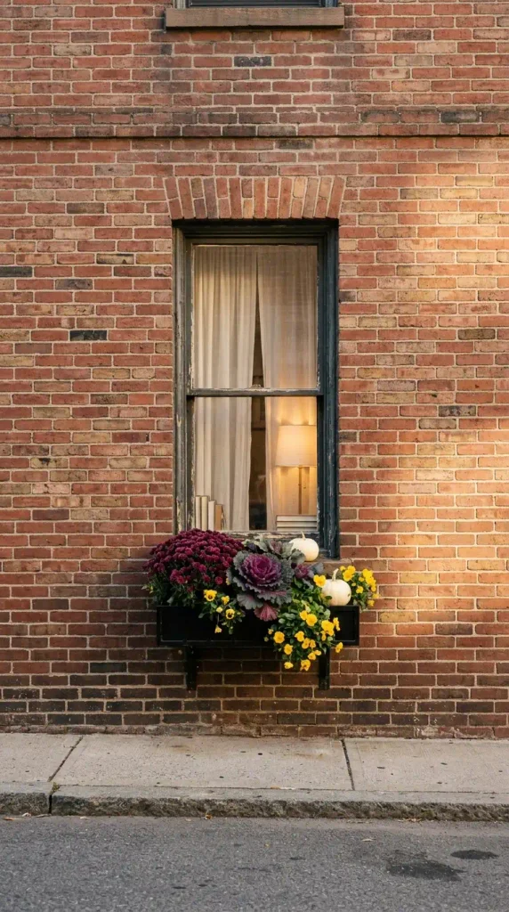 Fall window boxes on a small brick apartment window with plum mums, purple kale, pansies, and white pumpkins