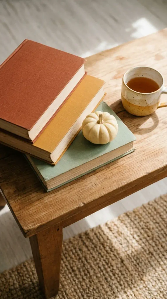 Fanned vintage book stack on a coffee table with a mini pumpkin resting on the step