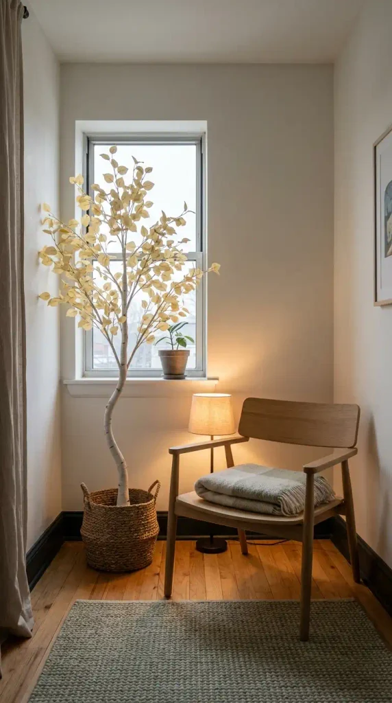 Faux birch fall tree with yellow leaves brightening a dim corner beside an accent chair