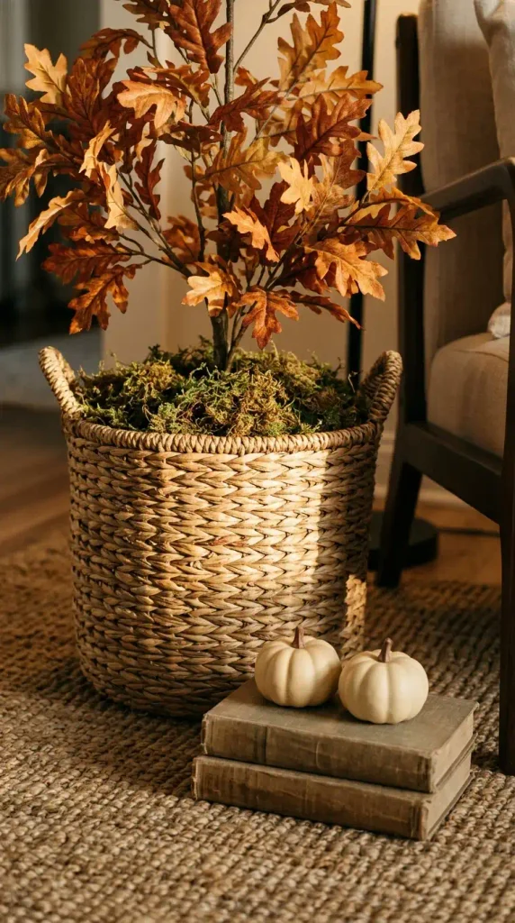 Faux fall tree in a woven seagrass basket with moss and small pumpkins on a jute rug