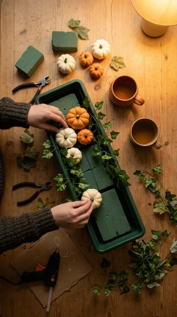 Faux fall window box insert being built with floral foam, faux pumpkins, and ivy on a kitchen table