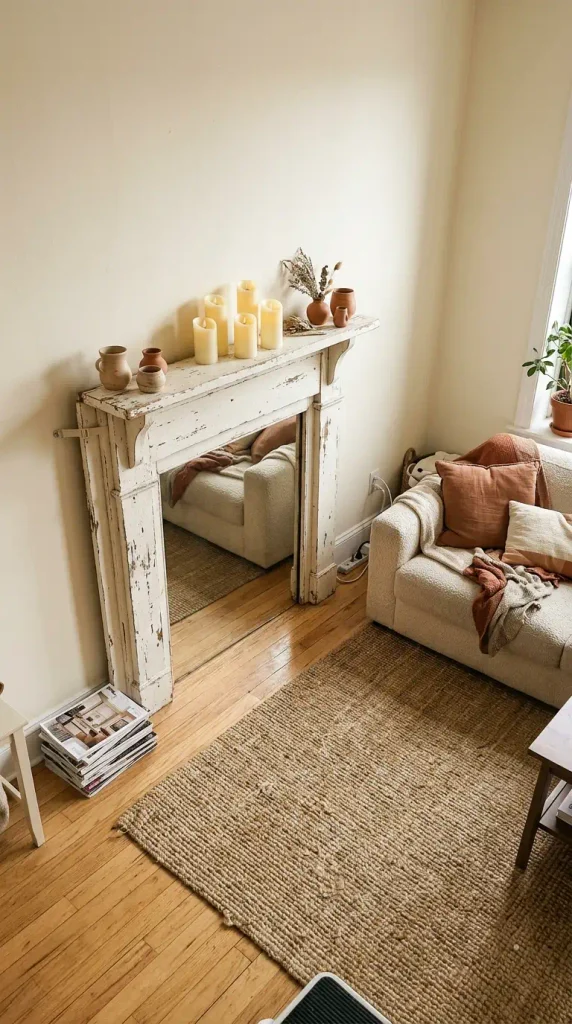 Faux fireplace made from a freestanding salvaged mantel in a small apartment