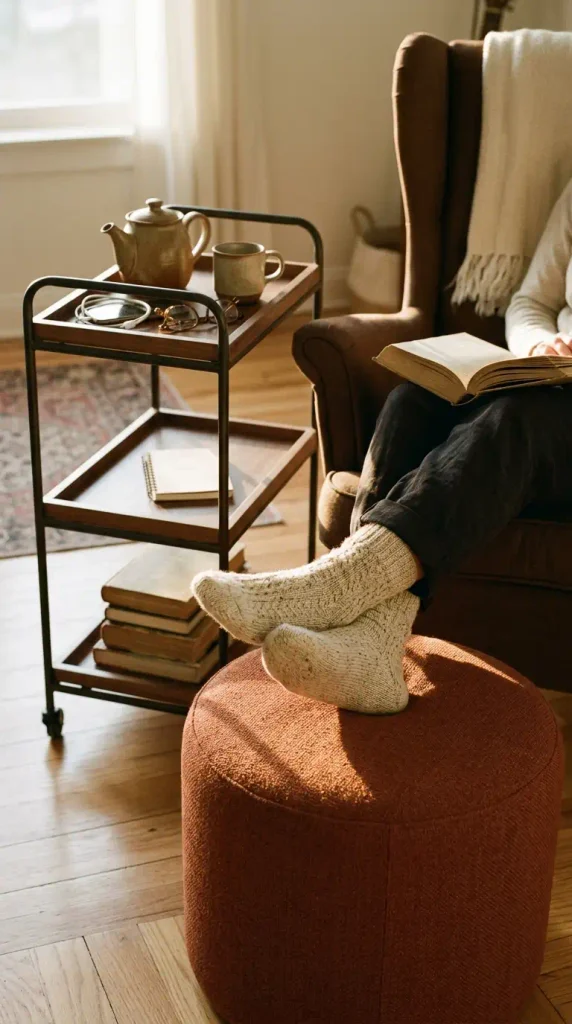 Feet up on an ottoman beside a rolling cart of tea and books in a small adult reading nook