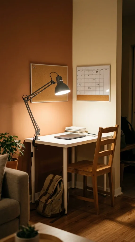 Finished $116 renter-friendly study room setup with desk, clamp lamp and no-nail cork board at night