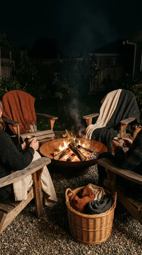 Fire bowl ringed by low chairs and wool throws at night, a gathering spot in a witchy backyard