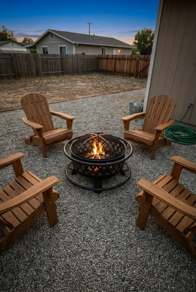 Fire pit with spark screen set well away from the house in a small backyard at dusk, hose nearby