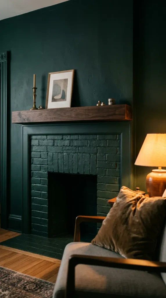 Fireplace wall color drenched in deep green in a small apartment living room
