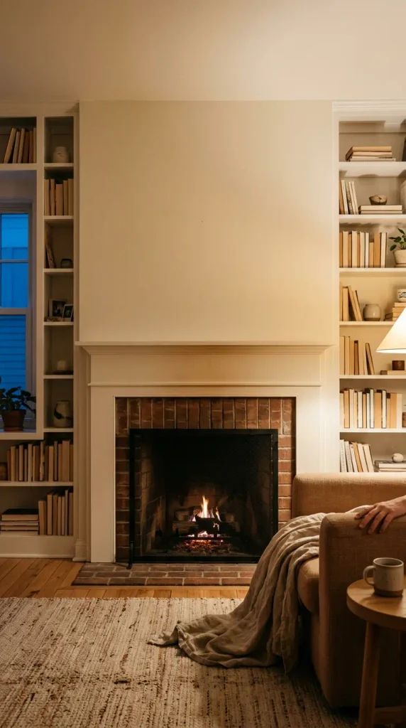 Fireplace with bookshelves on each side in a small living room, lamp lit at dusk with an armchair
