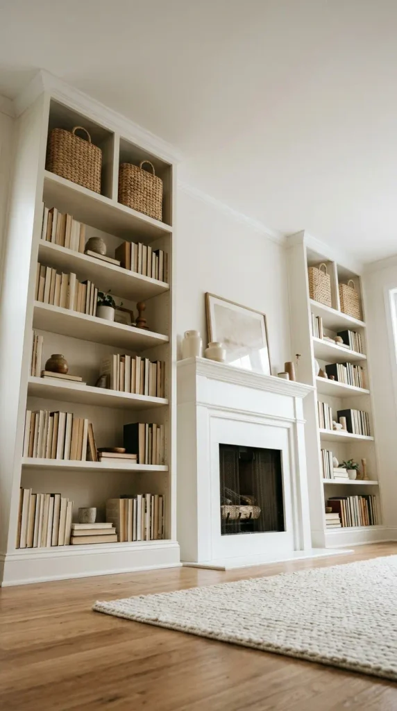 Fireplace with bookshelves on each side reaching the ceiling using height extension units