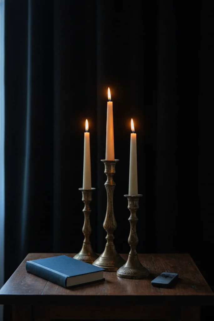 Flameless LED taper candles in brass holders kept clear of velvet curtains in a gothic library