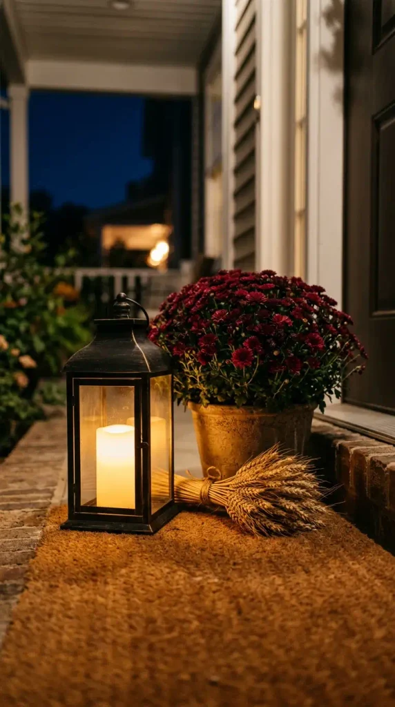 Flameless candle in a lantern beside mums and dried wheat for safe fall door decor at night
