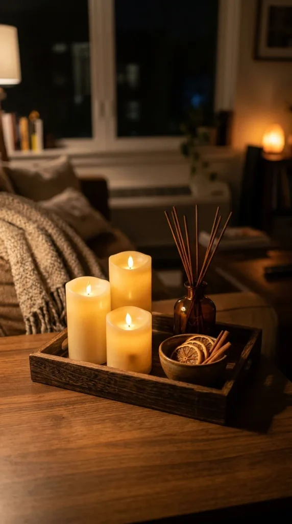 Flameless candles, reed diffuser, and cinnamon sticks on a desk tray as safe fall office decor