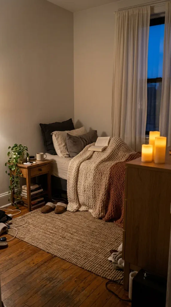 Flameless fall candles glowing on a dresser in a small bedroom reading nook at night