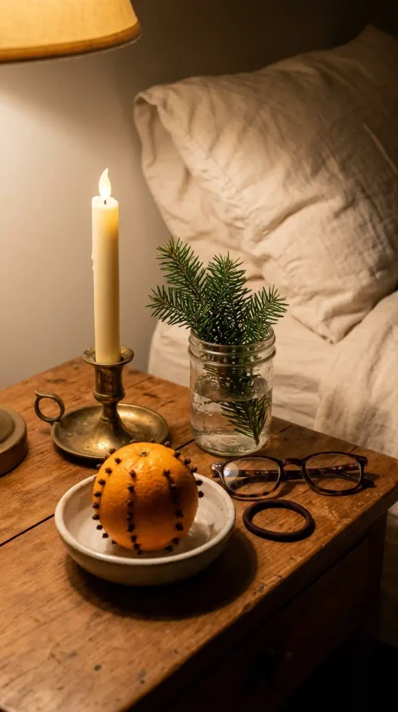 Flameless taper, fir clippings, and a clove orange on a nightstand in a candle free Christmas bedroom