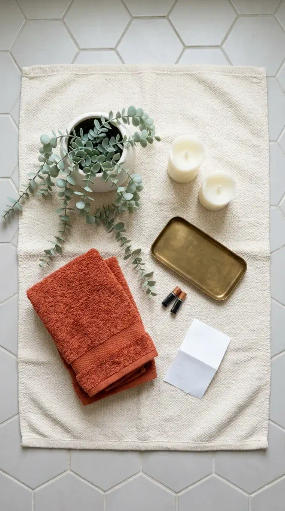 Flat lay of a no-drill fall bathroom decor kit with orange towels, faux eucalyptus, and LED pillars