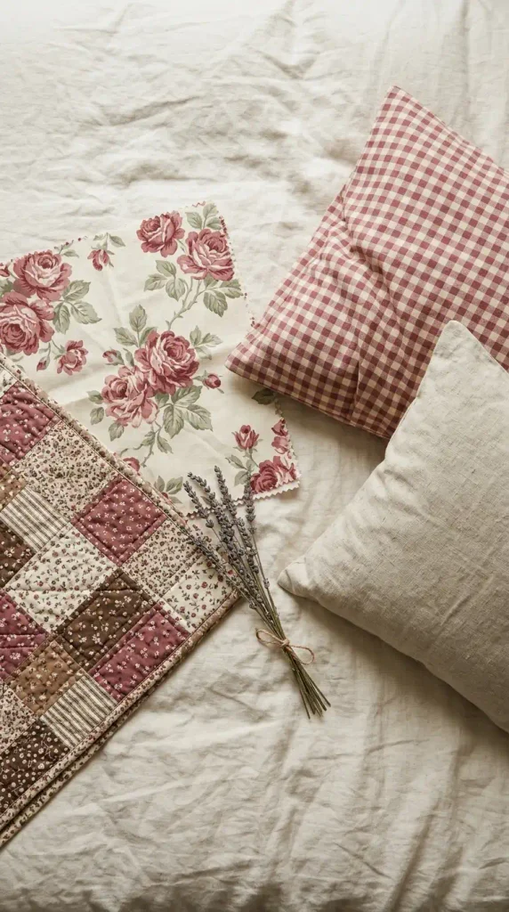 Flat lay of floral quilt, gingham and linen showing an English cottage bedroom decor pattern mix