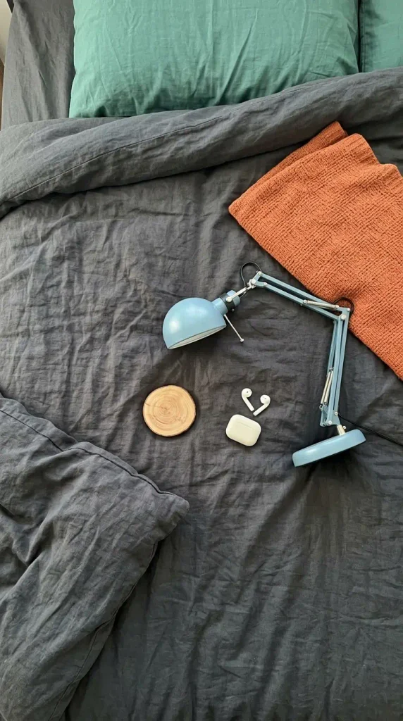 Flat-lay of modern teen boy bedroom accent colors in jade, persimmon and cool blue on charcoal bedding