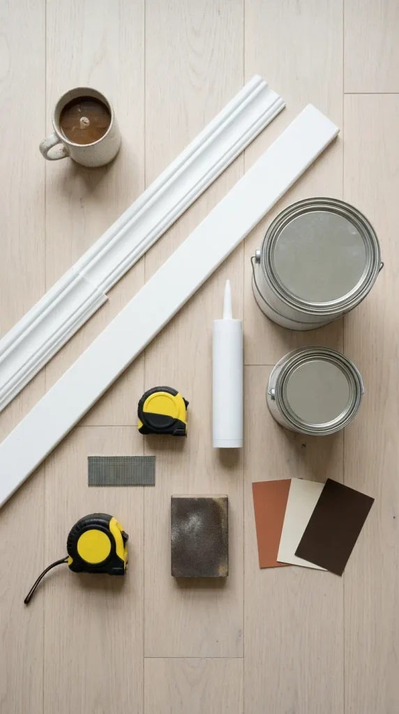 Flat lay of trim, primer, paint, and caulk for a library lounge build list
