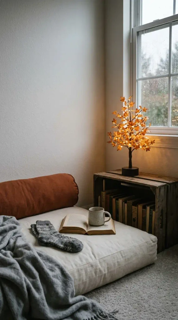Floor cushion reading corner with a small lighted maple tree on a wooden crate