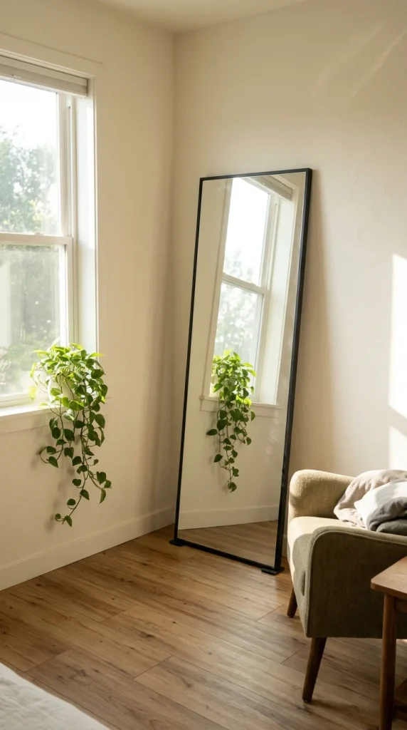Floor mirror leaning beside a window to bounce light in a small living room