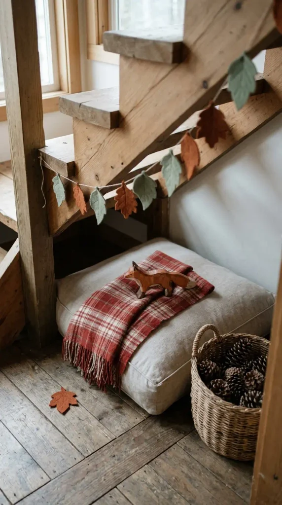Forest cabin theme with leaf garland and pinecone basket in a small under stairs playroom